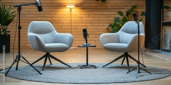 Fototapeta Two comfy chairs and microphones in a modern podcast interview setting Stock photo