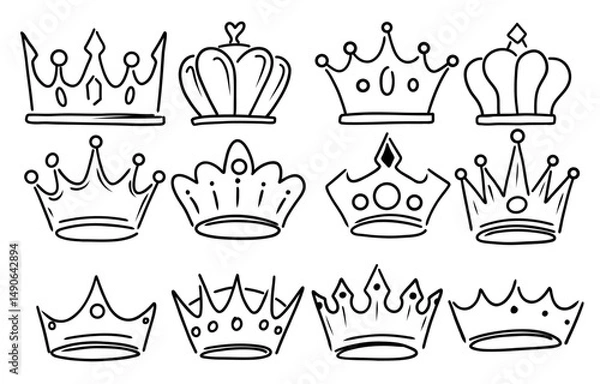 Fototapeta Set of Hand-Drawn Crown Illustrations in Doodle Style. Line Art of Royal Crowns for King and Queen.