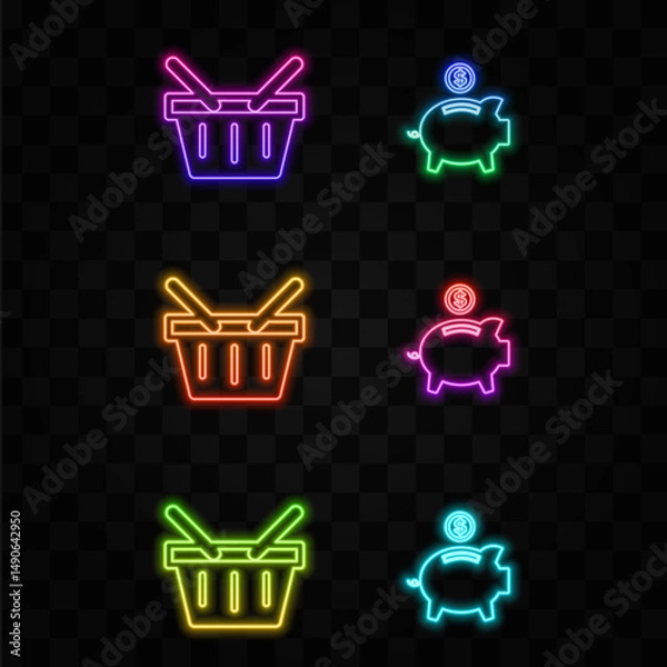 Obraz Piggy Financial Symbol. money piggy bank. shopping basket. neon style.