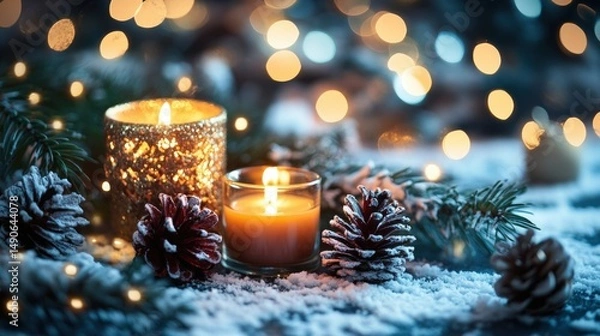 Fototapeta Festive Arrangement with Lit Candles and Pine Cones for Holiday Celebration