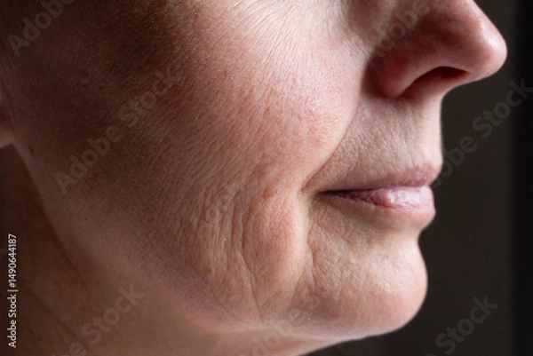 Fototapeta Detailed close-up of a senior woman's cheek and jaw area with visible fine lines, sagging skin, and age texture. Ideal for anti-aging, skincare, or dermatology visuals.