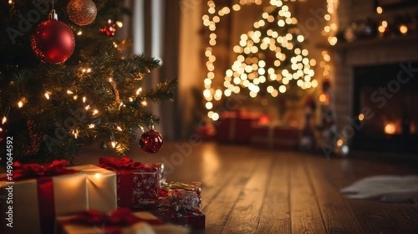 Fototapeta Presents sit beneath a Christmas tree in a softly lit living room