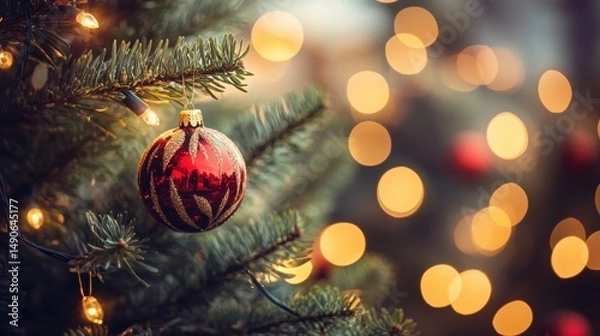 Fototapeta Festive Red Ornament Hanging on a Lit Christmas Tree Branch with Glowing Bokeh
