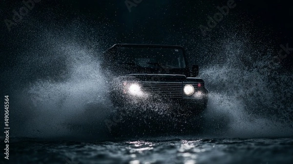 Fototapeta Car driving through heavy rain and deep water on urban road, creating dramatic water splashes. Concept of bad weather, flood, danger, transportation challenge, climate change and road safety