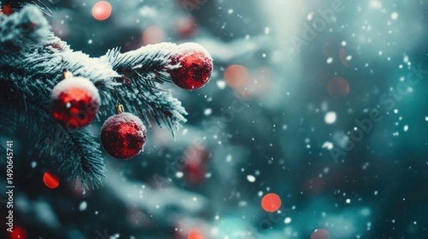 Fototapeta Red Christmas Ornaments Hanging on a Snowy Pine Tree Branch During Winter Snowfall
