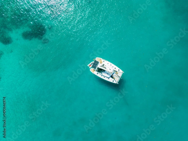 Fototapeta Aerial View, seychellen, Mahe, Port Glaud and Port launay Beach with sailingboat