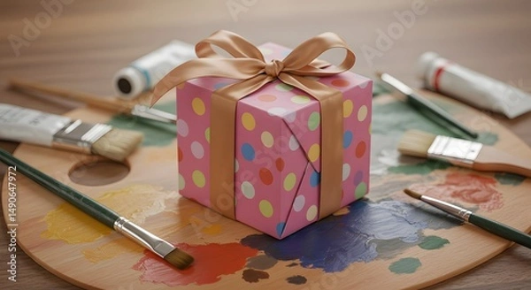 Obraz Wrapped gift box with ribbon on artist palette surrounded by paint tubes