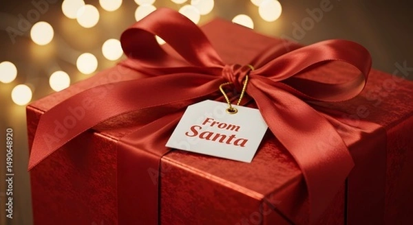 Obraz A christmas gift wrapped in red with a tag that says from santa on it