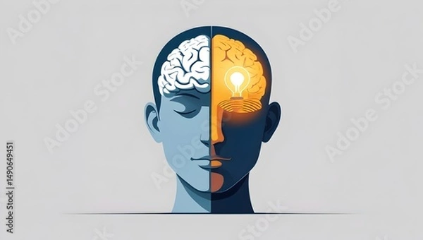 Fototapeta Creative Mind Revealed: Human Head Split in Half with Light Bulb Glowing Inside the Brain