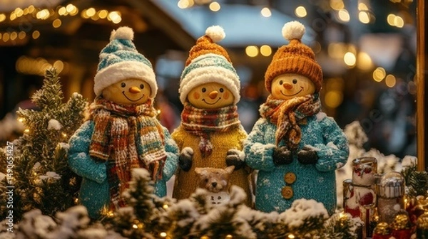 Fototapeta Three Wood Snowman Figures in Knitted Hats and Scarves Festive Display