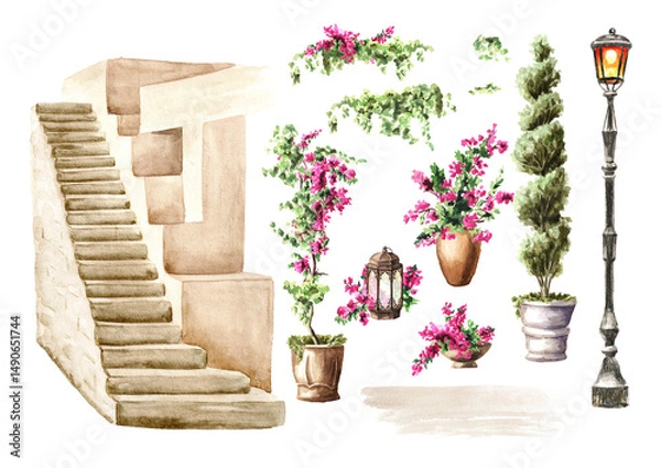 Fototapeta Stone staircase up, decorated with plants and flowers, architectural element of the patio set. Hand drawn watercolor illustration, isolated on white background