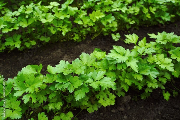 Fototapeta Young spring parsley growing in a greenhouse. Background from growing parsley, close-up. Parsley leaves in the inter-row for publication, design, poster, calendar, screensaver, wallpaper, cover, websi