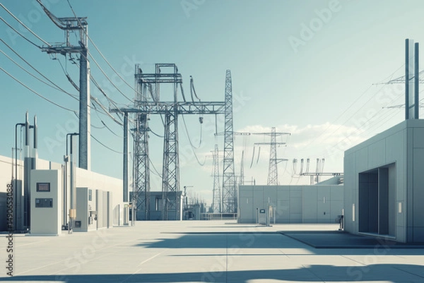 Fototapeta A clean and organized outdoor power substation with steel structures, high-voltage lines, transformers, and smart sensors, set against a clear blue sky