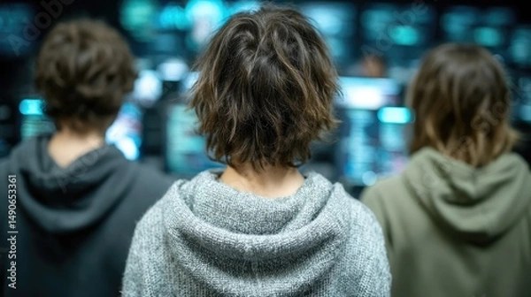 Fototapeta Three Individuals Analyzing Digital Data on Computer Screens in a Cybersecurity Center