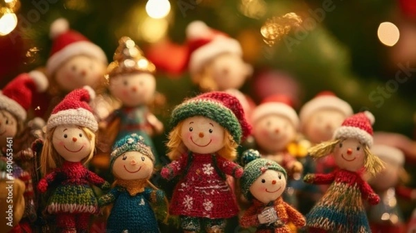 Fototapeta Festive Dolls in Holiday Hats and Attire Arranged for Christmas Season Display