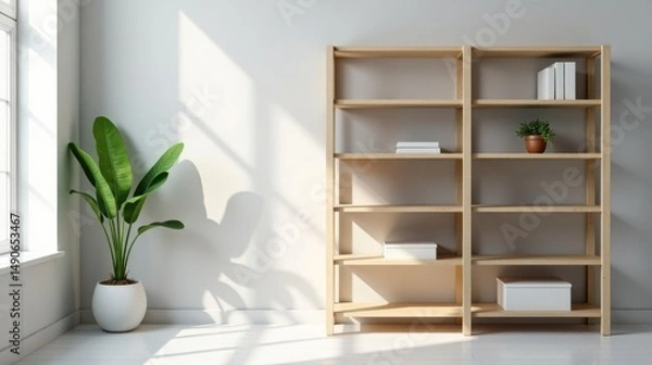Fototapeta Bright Sunlight Illuminates Minimalist Room Featuring Simple Wooden Shelving Unit and Potted Plant