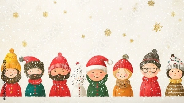 Fototapeta Group of Children Wearing Winter Hats with Snowfall for Holiday Season