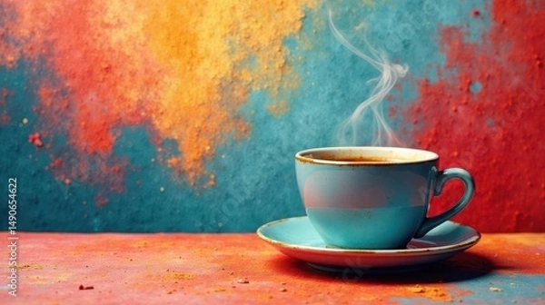 Fototapeta Aromatic Steam Rising from a Teal Cup of Warm Beverage on a Vibrantly Colored Surface
