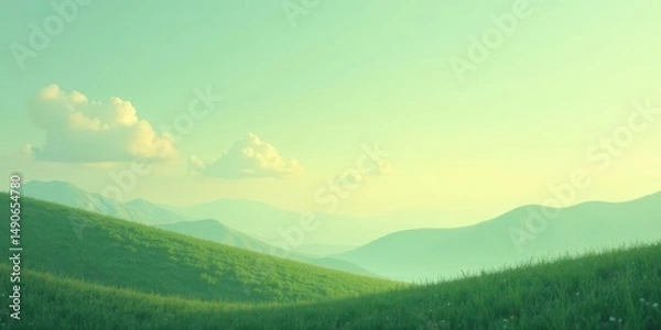 Fototapeta Serene Vista Rolling Green Hills Under a Pale Sky with Wispy Clouds