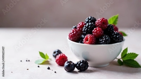 Fototapeta A bowl of ripe summer berries, a mix of red and black, sits on a soft pink surface, surrounded by fresh green leaves and a few spilled berries.