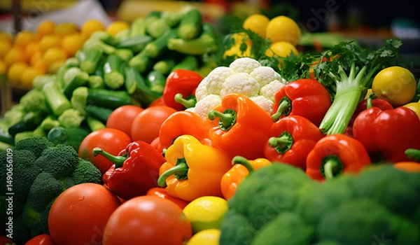 Obraz Close Up of Fresh Peppers and Vegetables on Display