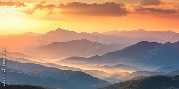 Fototapeta Majestic Mountain Landscape: Abstract Commercial Background for Automotive Advertising. Golden Sunlight Illuminates Peaks, Clouds, and Misty Valleys at Dusk. Epic High-Resolution Scenery with Cinemati