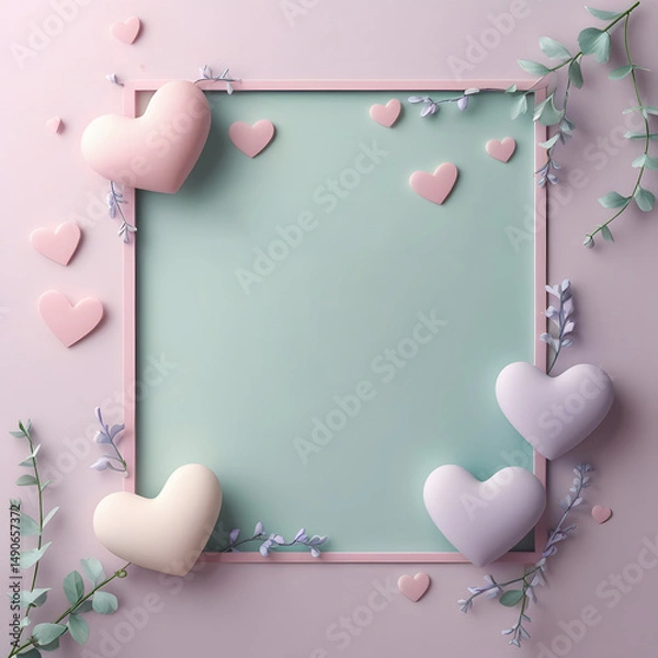Fototapeta Pastel Pink Frame with Hearts and Delicate Floral Accents for Special Occasions