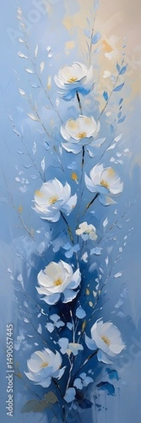 Fototapeta Abstract White Floral Painting on Blue Background with Delicate Branch Accents