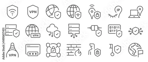 Obraz VPN icon set. It includes virtual private network, secure, encrypted, connection, and more icons. Editable Vector Stroke.

