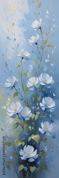 Fototapeta Elegant White Flower Arrangement on Blue Backdrop with Delicate Green Leaf Details