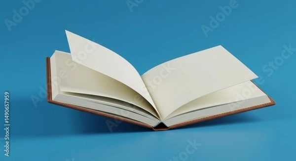 Fototapeta Open Book on Blue Background - A brown hardback book lies open on a bright blue background, pages blank and ready for your text