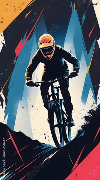 Fototapeta Mountain Biker Riding Downhill on a Trail with Abstract Geometric Background in Sporty Style