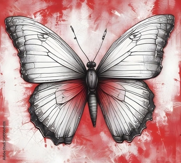 Fototapeta painting of a butterfly on a red background. Illustration 