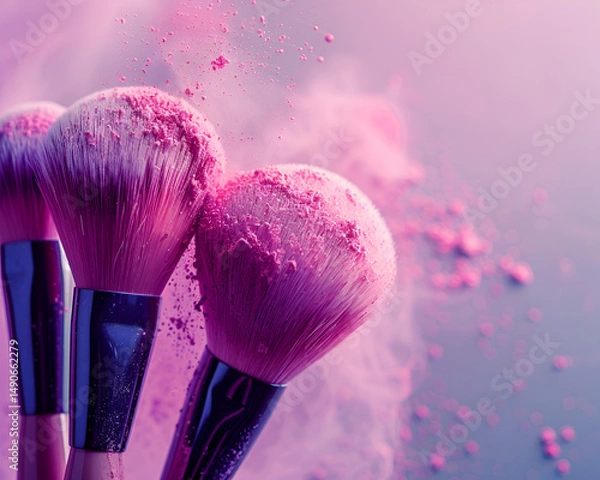 Obraz Makeup brushes with soft pink powder explosion isolated on white background beauty product still life cosmetic tool