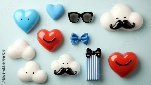 Obraz Father's Day 3D Graphic Design, Light Blue Background with Red Blue Hearts (Smiley Faces), White Clouds (Mustache Shapes), Black Sunglasses, Blue Black Bow Ties & Striped Rectangles