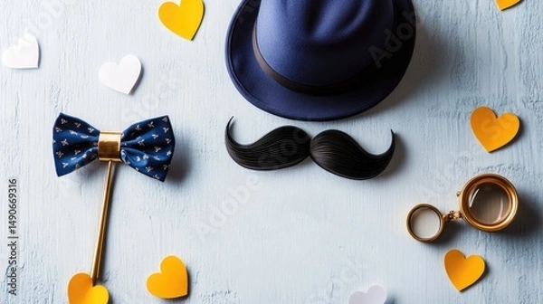 Obraz Father's Day Light Blue Textured Design, Dark Blue Hat with Black Mustache & Blue Patterned Bow Tie, Gold Monocle Accent, Scattered Yellow White Hearts, Minimalist Corporate Event Poster