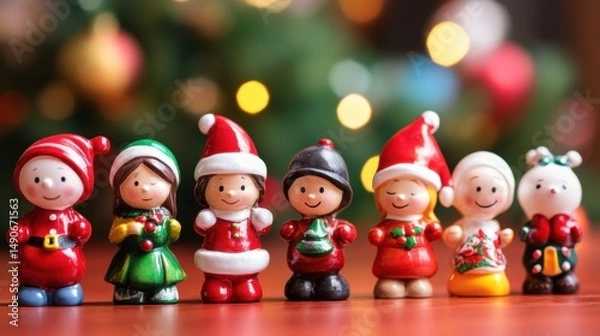 Fototapeta Festive Christmas Character Figurines Displayed with Holiday Tree Lights Background