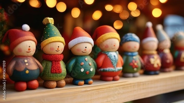 Obraz Christmas figurines of wooden elf toys on a shelf with festive blurred lights
