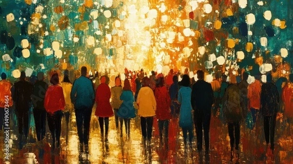 Fototapeta Crowd of People Walking Away in Dense Fog Impressionistic Painting