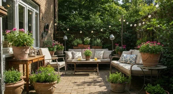 Obraz Charming backyard patio, lush greenery, comfortable seating