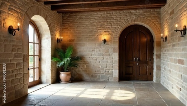Fototapeta Rustic stone foyer with exposed brick wall and wooden beams, earthy, old