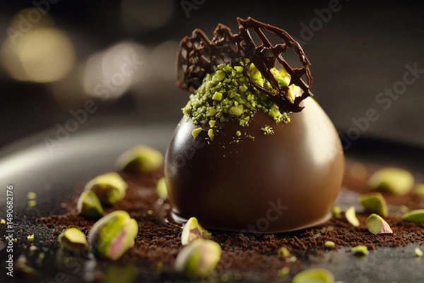 Fototapeta Luxury trendy dark broken chocolate, with Pistachio on black wooden rustic backdrop. AI Generative
