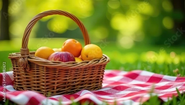 Fototapeta Rustic woven picnic basket, checkered blanket, fruit, nature, shadow, vacation