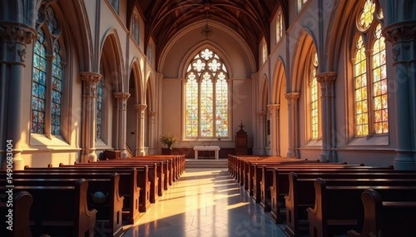 Fototapeta Serene church interior with stained glass and soft lighting , meditation, architecture