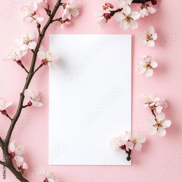 Fototapeta Blank card with pink background, and spring flowers.