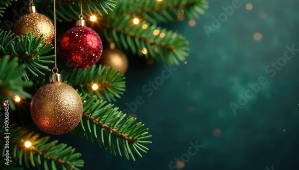 Fototapeta Sparkling glitter-adorned pine branches, festive holiday decor , texture, macro, conifer