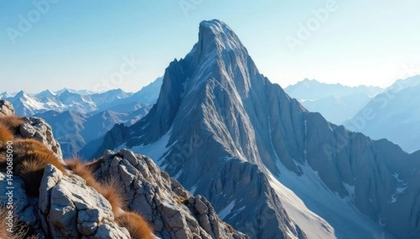 Fototapeta Steep rocky mountain peak, challenging ascent, climb, challenge