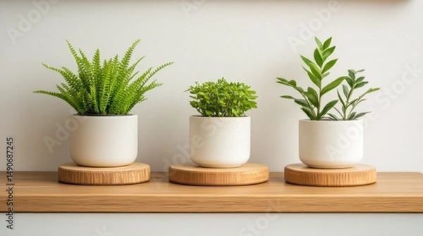 Fototapeta Three small potted plants on a light wooden shelf