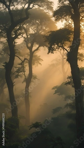 Fototapeta Mystical Forest at Sunrise with Sunbeams Piercing Through Trees