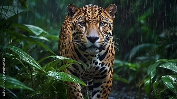 Fototapeta Majestic Jaguar in Tropical Rainforest Rain Nature Wildlife Cat Big Wet Fear Dark Spot Coat Eyes    